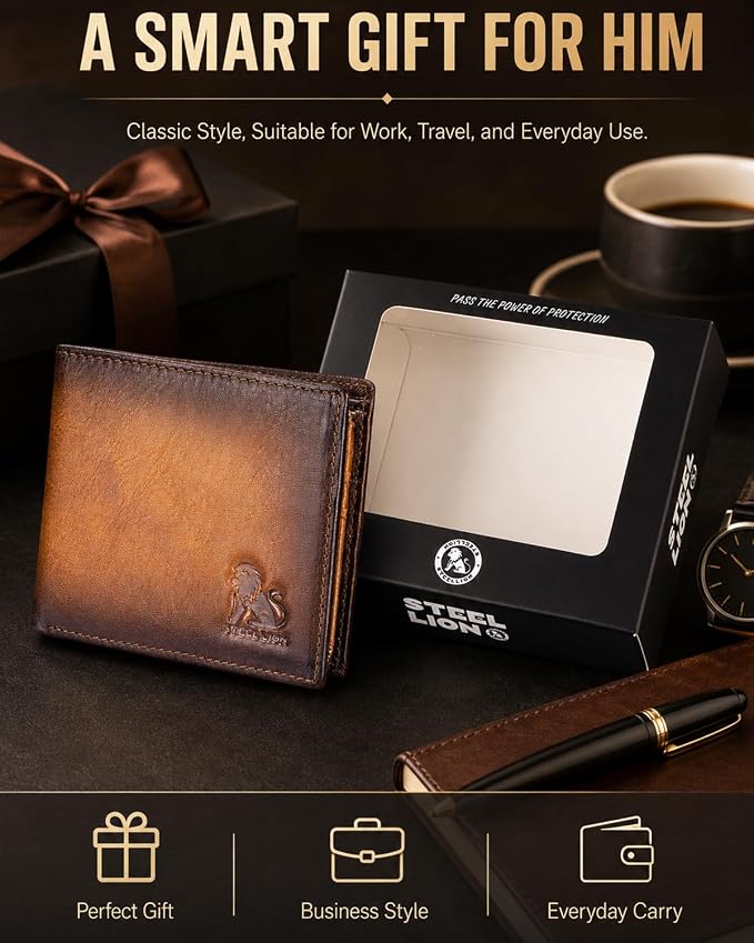 Men's Cowhide Leather RFID Wallet, Slim Bifold (Brown) | 2 Clear ID Windows, 10 Card Slots, Zipper Coin Pocket, Gradient Finish for Business, Travel, Daily Carry and Gifts - Image 7