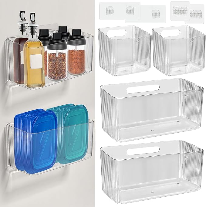 4 PCS 2 Size Plastic Adhesive Mount Over Cabinet Door Organizer, Under Sink Door Storage Shelf Refrigerator Side Storage Box, Wall Organization Container for Kitchen Bathroom Office by BOUTICOL