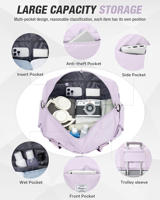 Expandable Travel Duffle Bag for Women Men, Large Gym Bag Travel Tote Bags, Waterproof Carry On Personal Item Bag Airline Approved, Workout Weekender Bag for Overnight Trip with Luggage Sleeve, Purple | Waterproof Carry On Personal Item Duffel Bag 40L ... - Image 5