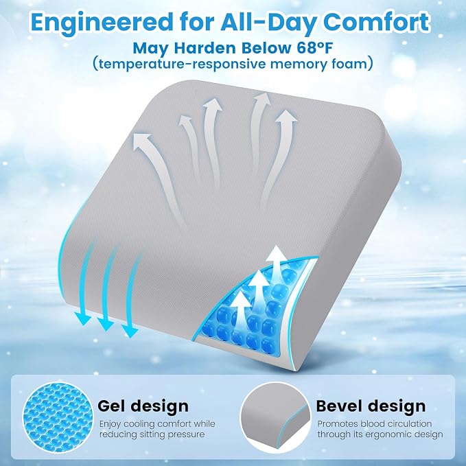 Wheelchair Seat Cushion for Pressure Relief, Cooling Gel Memory Foam Chair Cushion with Slope-Edge Design, Coccyx Support for Tailbone Pain, Non-Slip, for Wheelchairs, Office Chairs, Light Grey - Image 6