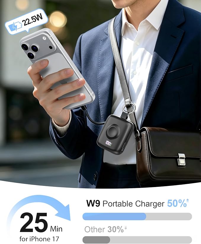 Portable Charger 3 in 1, Smaller 10000mAh Built-in Cables 22.5W Power Bank | Travel Essentials, Fast Charging, Keychain Battery Pack for iPhone17/16/15/14/13, Android, iWatch Ultra/11/10/9/8, Black - Image 5