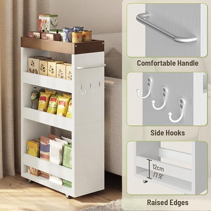 Slim Storage Cart, 4-Tier Rolling Utility Cart with Handle | Slide Out Organizer Trolley, Space Saving Narrow Shelf for Kitchen, Bathroom, Laundry Small Corners - Image 2