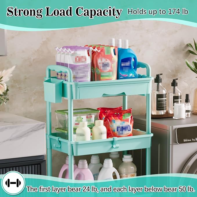 SUNALLY 4 Tier Rolling Cart with Drawer, Craft Storage Cart Organizer, Blue | Bathroom Storage Organizer with 2 Lockable Wheels, Rolling Utility Cart for Kitchen, Office, Baby, Makeup, Nail,Snack,Laundry - Image 5