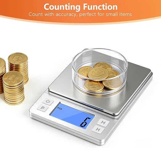 BOMATA 0.01g High Precision Jewelry Scale, 1000g Digital Gram Scale, Silver | Small & Portable Design with Hold, Tare & Counting Function, Precise for Gold, Bullion, Coins, Gemstones & Crafts - Image 4