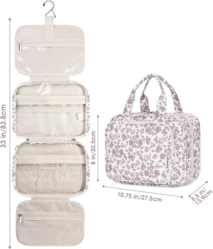 Narwey Hanging Floral Toiletry Bag for Women Travel Makeup Bag Organizer Toiletries Bag for Travel Size Essentials Accessories Cosmetics (Dusty Pink Flower (Medium)) - Image 8
