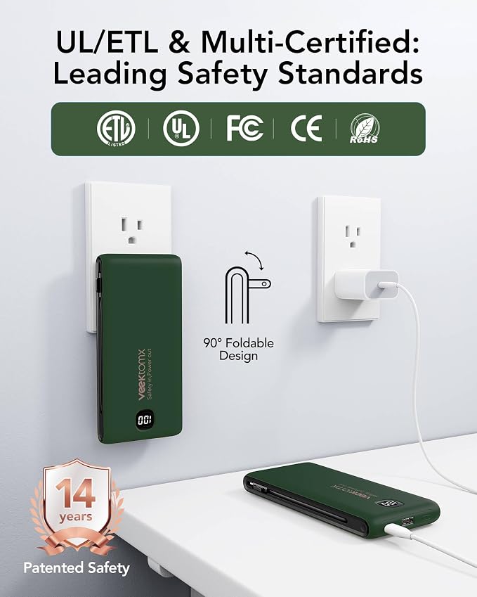 VEEKTOMX Portable Charger with Built-in Cables and AC Wall Plug, 10000mAh | Pocket-Size Travel Power Bank with USB-C and Micro-USB Cables for up to 4 Devices Including iPhone, iPad and Samsung, Green - Image 6
