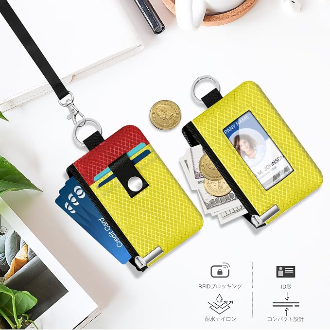 Minimalist RFID Blocking Small Wallet with ID Window,WaterResistant Zip Id Case Wallet with Lanyard Keychain for Cards,Cash,Travel,Women,Men (Lemon Yellow/Red) - Image 8