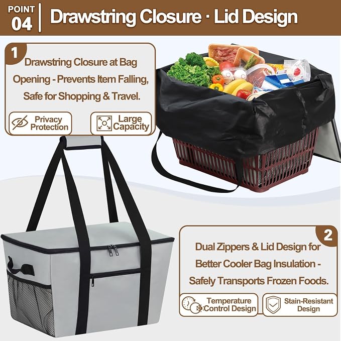 Reusable Grocery Bag – Expandable Insulated Cooler Bag with Bottom Board, Collapsible Insulated Shopping Bag with Zipper & Drawstring, Heavy Duty Tote Bag for Shopping, Delivery, Picnic, Beach - Image 6