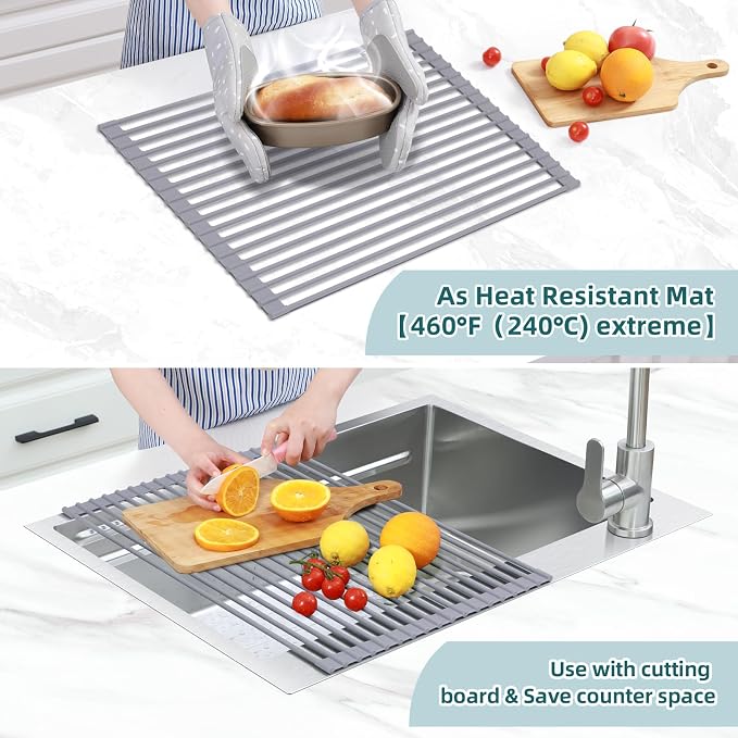 Ohuhu Dish Drying Rack Over The Sink, Roll Up Sink Rack 20.5" W x 13.1" L Rolling Dish Drainer Foldable Accessories Heat-Resistant Mat Anti-Slip Silicone Coated for Kitchen Counter - Image 3