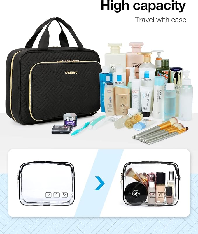BAGSMART Toiletry Bag Hanging Travel Makeup Organizer with TSA Approved Transparent Cosmetic Bag Makeup Bag for Full Sized Toiletries, Large-Blck - Image 6