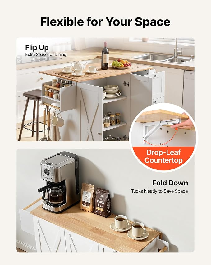 VEVOR Kitchen Island Cart, 45.3x39 inch Rolling Kitchen Table, Mobile Carts with Storage Cabinet and Solid Wood Top, Portable Islands with Wheels, Spice Rack, Towel Rack, Drop Leaf and Drawer, White - Image 4