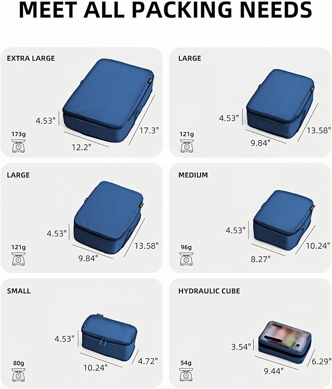 6 Set Compression Packing Cubes for 7–14 Day Travel, Dark Blue | Nylon Oxford Fabric, Full Breathable Mesh, Reinforced Double-Zipper, Small to Large Size Bag, Expandable Packing System - Image 8