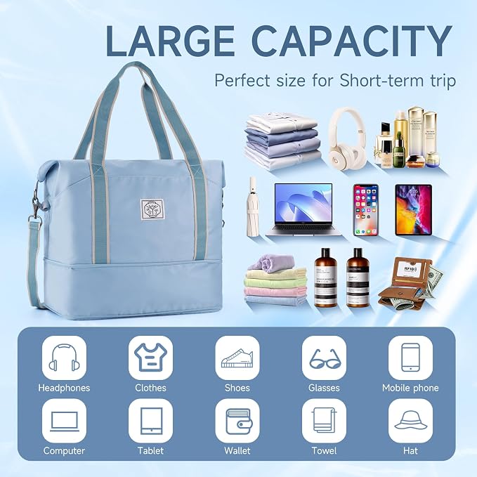 WALNEW Travel Duffel Bag, Weekender Bag for Women, Light Blue | Overnight Carry On Bag, Foldable Waterproof Gym Luggage with Metal Buckle Detachable Shoulder Strap and Wet Compartment - Image 3