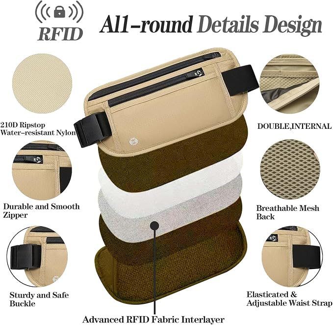 Khaki Hidden Money Belt for Travel for Men, Waist Wallet Anti Theft, RFID Passport Holder For Travel Men Or Women, Money Pouch, RFID Passport Holder - Image 4
