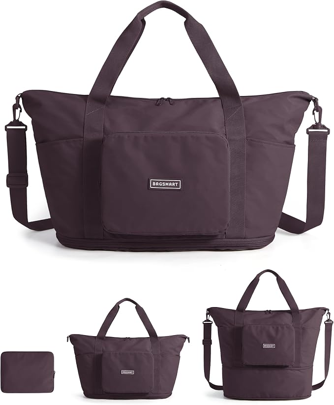BAGSMART Foldable Travel Bag, 37L Expandable Personal Item Bag, Grape | Airline Approved Personal Carry-on Size, Fits Under-seat, Trolley Sleeve, Backup Bag for Travel, Vacation, Overnight by BAGSMART