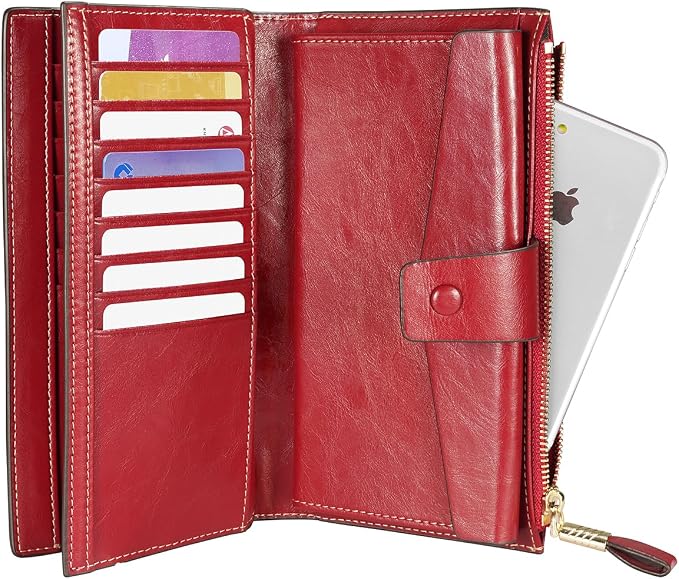 Itslife Womens RFID Blocking Large Capacity Luxury Wax Genuine Leather Wallet Clutch Ladies Card Holder, Red - Image 4