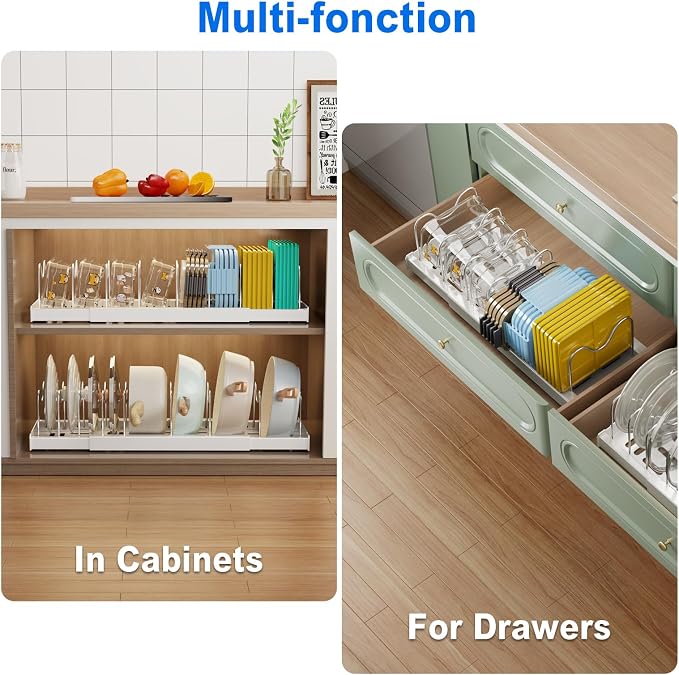Mustorn 2 Pack Pots and Pans Organizer Under Cabinet, 22" Expandable Food Storage Container Lid Organizers with 9 Adjustable Dividers Pot and Pan Lid Holders Rack Inside Cabinet/Countertop(White) - Image 3