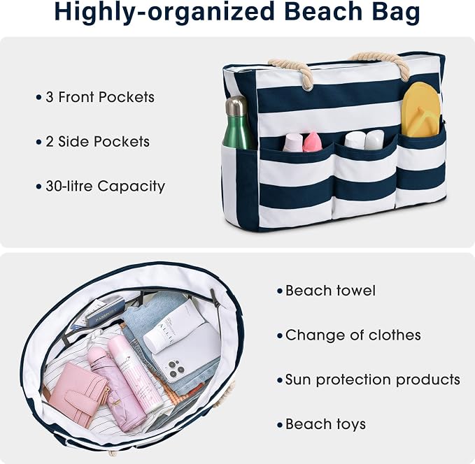 Becokan Beach Bags for Women Canvas Large Beach Tote Bag Zipper Waterproof Sandproof Foldable Swim Pool Bag with 7 Pockets - Image 7