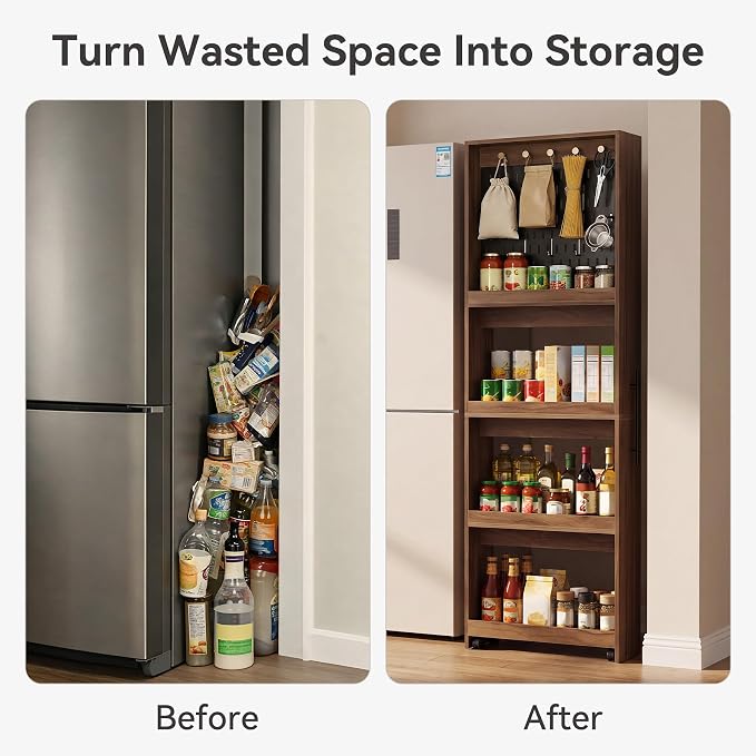 Extra Tall Slim Storage Cart Next to Fridge, Rolling Utility Cart on Wheels | with Metal Pegboard with Pegs, 4-Tier Mobile Shelf Organizer for Narrow Gaps - Image 6