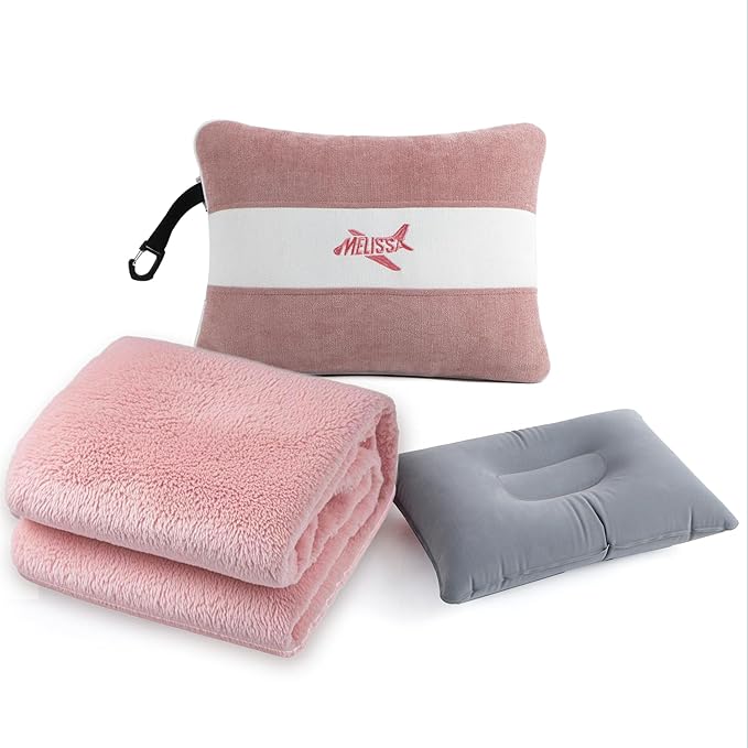 Melissa Large Soft Travel Blanket and Inflatable Pillow Set | Size-69“ x 43.3”, Carry Bag – Lightweight, Compact & Washable for Backpacking, Hiking, Airplane, Car, Office, Camping (Pink) by Melissa