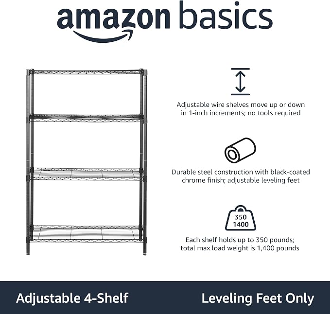 Amazon Basics 4-Shelf Adjustable Heavy Duty Steel Wire Rack Storage Shelving, Sturdy Garage Shelving, 350 lbs Capacity Per Shelf, Easy No-Tool Assembly, 36" x 14" x 54", Black - Image 4