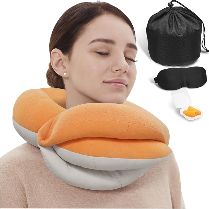 Travel Neck Pillows for Airplanes, Memory Foam 360° Head Support Sleep for Long Flight, Skin-Friendly & Breathable, Kit with Eye Mask, Earplugs and Storage Bag (Adult, Orange, 90+ lbs) by BUYUE