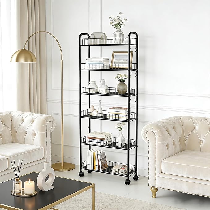 Slim Storage Cart with Wheels, Metal 6-Tier 6in Black Narrow Rolling Shelf, Sturdy Slim Storage with Hooks Ideal for Kitchen, Bathroom, and Laundry Room - Image 6
