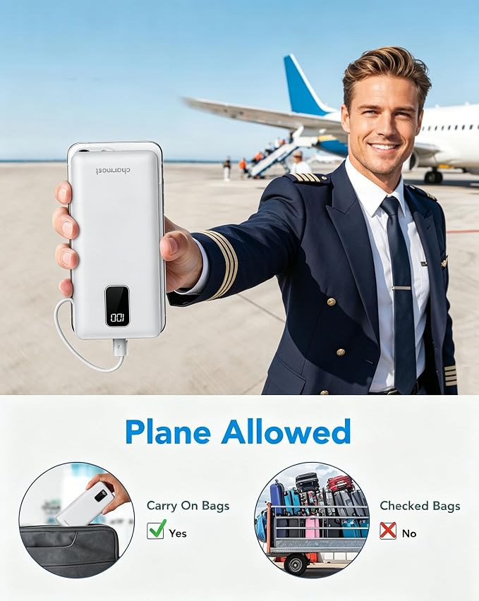 charmast Portable Charger Power Bank 10000mAh with Built-in AC Wall Plug | Built-in Cables,5 Outputs,Flight-Safe,Slim Travel Phone Charger for iPhone 17 14,Samsung Galaxy,iPad,Android,Smartwatch,etc - Image 7