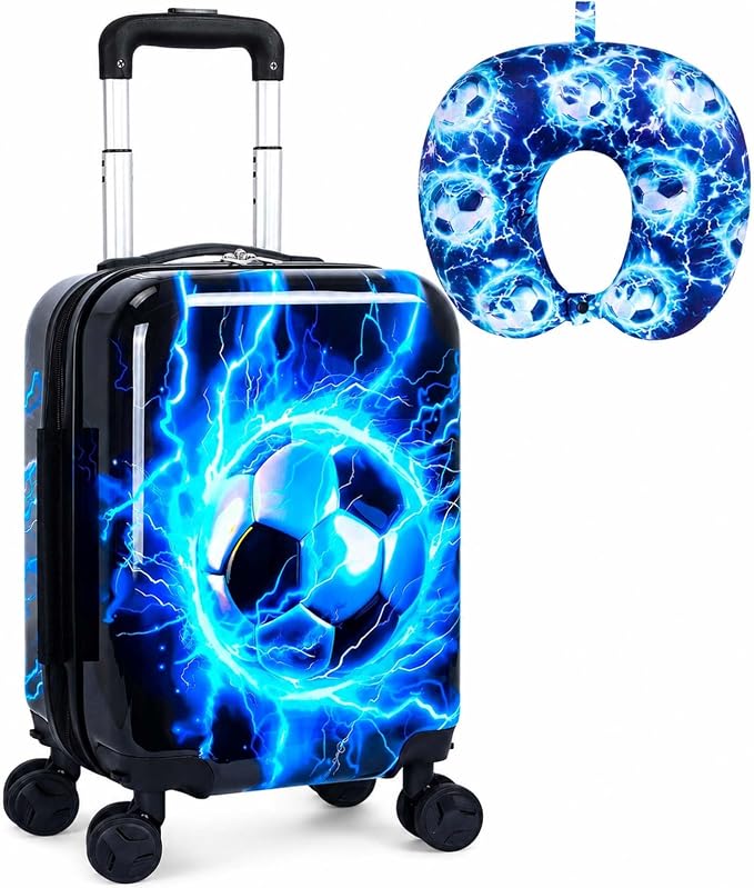 Lightweight Hardshell Spinner Kids Carry On Luggage Set 2PCS with Wheels - Airplane Approved Suitcase for Boys & Children Ages 3-10, Lightning Soccer Rolling Suitcases for Elementary Toddler Travel by UFNDC