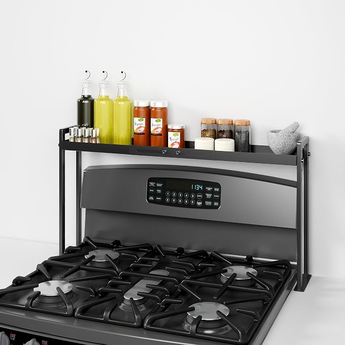 Bumusty Adjustable Stove Top Shelf, 4-Level Spice Rack, Black | Adjustable width and height use vertical space to keep spices organized above stoves or on kitchen counters by BUMUSTY