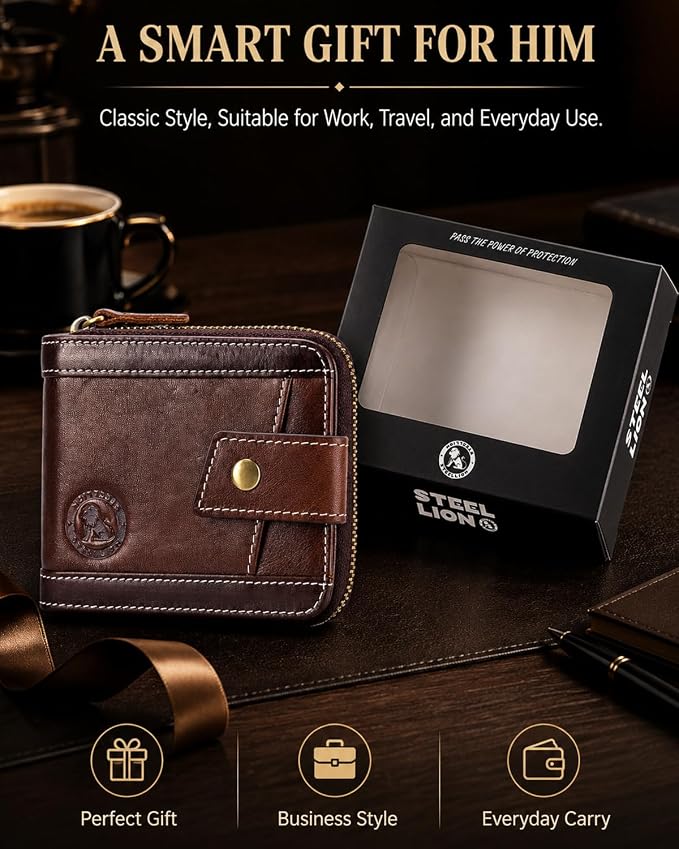Men's Leather RFID Wallet with Zipper, 14 Card Slots, ID Window | Zippered coin pocket separates loose change; organized for commuting and everyday carry (Coffee) - Image 7