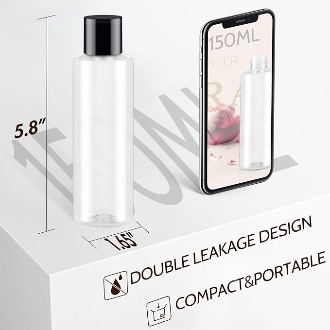 150ML/5OZ Travel Size Toiletries, 6 Pack Travel Size Containers | Double Leak Proof & Refillable Plastic Travel Bottles for Shampoo, Lotion, Body Wash with 6pcs Labels (Clear) - Image 3