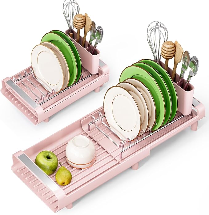 TOOLF Small Dish Drying Rack, Expandable and Space-Saving, Pink | Mini Dish racks for kitchen counter, Compact Design Fits Sink or Counter, Stainless Steel Plate Rack, 11"-19.3"L×7.7"W×3.54"H by TOOLF