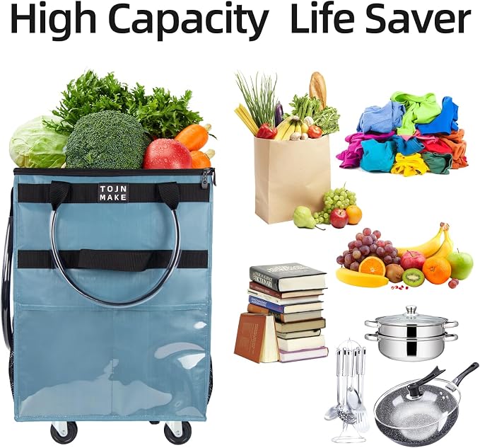 Reusable Grocery Bag On Wheels, Shopping Trolley, Rolling Tote with 8 Pockets and Zipper Cover, Foldable, Heavy Duty Handles, Carries Up to 46 LBS (Medium, Blue) - Image 3