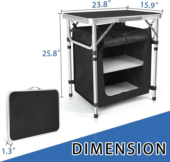 CampLand Folding Cooking Table Outdoor Portable Cook Station Aluminum Camping Kitchen with Storage Organizer, Windscreen, Hooks for BBQ, Party (SamllBlack) - Image 2