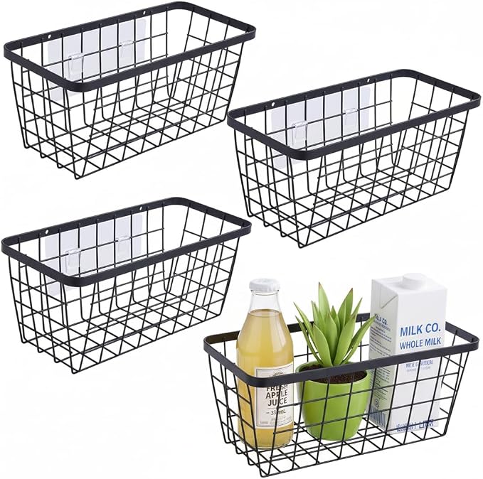 4 set Hanging Wall Basket Organizer,Over the Cabinet Door Wire Baskets for Organizing -Space-Saving Hanging Baskets for Organizing,Wall Mount Storage,No Drilling Adhesive Wall Storage Basket, Black by HomeSpaceStorageBasket