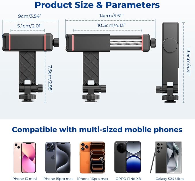 Ruittos Phone Tripod Mount with Remote Controller, New Universal Smartphone Mount Adapter with Cold Shoe, 360° Rotates Cell Phone Clip Clamp Holder, Compatible with iPhone, Samsung and All Phones - Image 4