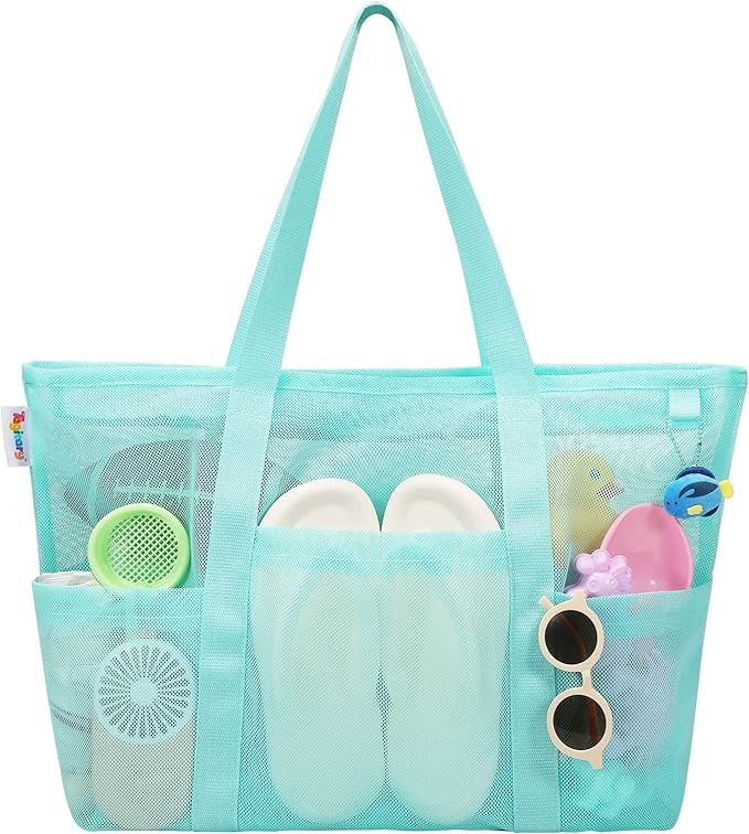 Tagitary Mesh Beach Bag with Zipper Large Beach Tote Waterproof Sandproof with 8 Pockets for Toys Pool Bag Beach Accessories by Tagitary