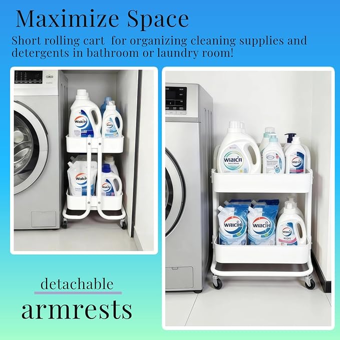 2 Tier Cart with Wheels Under Desk Storage with Handle, Metal Rolling Pantry Cart for Kitchen White Small Rolling Basket for Laundry Room Bathroom, Utility Shelf Organizer for Small Space - Image 3