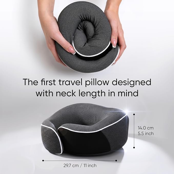 Travel Pillow, 100% Memory Foam Airplane Neck Pillow, Dark Grey | Sleeping Support Pillow for Adults, Car Travel Essentials Kit with 3D Contoured Eye Mask, Earplugs and Mesh Bag - Image 5