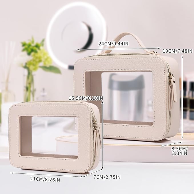 Pinkmik Clear Makeup Bag, (Beige, M+L) | 2PC,Waterproof, Travel Cosmetics and Toiletries Case, Portable Makeup Organizer, Clear Car Bag with Zipper - Image 4