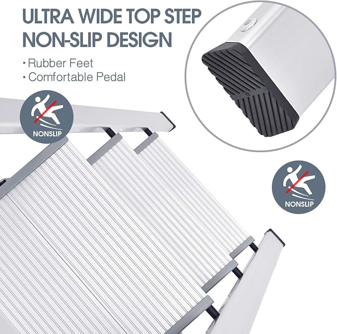 KINGRACK Aluminium 3 Step Ladder, Lightweight Step Stool with Non-Slip Pedals, Handrail, 330 LBS Foldable Step Ladder for Kitchen, Garage, Home, Space Saving, Sturdy and Portable, Silver - Image 3
