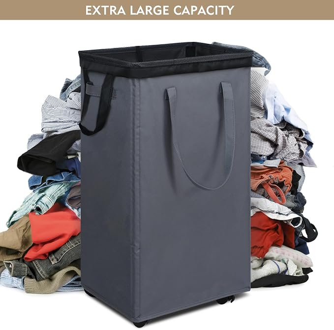DOKEHOM 90L X-Large Rolling Laundry Basket Hamper on Wheels, Grey | Collapsible clothes hamper with removable mesh wash bag. High-capacity foldable washing bin organizer - Image 5