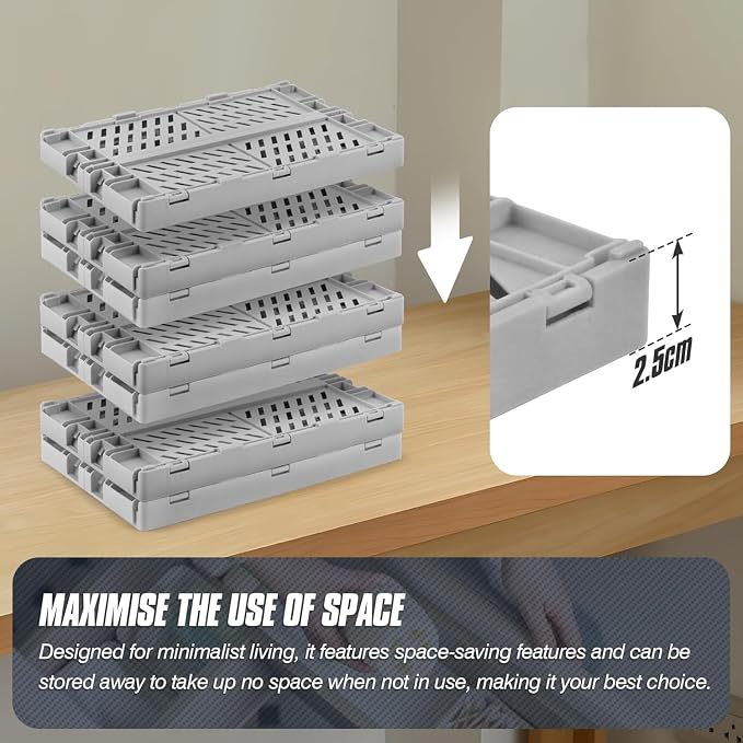 4 Pcs Collapsible Storage Crates, 10x5.9x4 inches Space-Saving Folding Containers, Stackable Plastic Boxes for Home Kitchen Office Bedroom Bathroom, Light Gray - Image 5