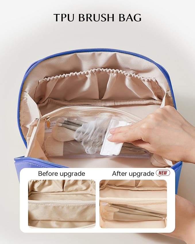 EACHY Travel Makeup Bag for Women, Flat Open Cosmetic Bag, Blue, Medium | Flat-open cosmetic organizer with pockets and clear TPU brush compartment for makeup, toiletries and travel essentials - Image 3