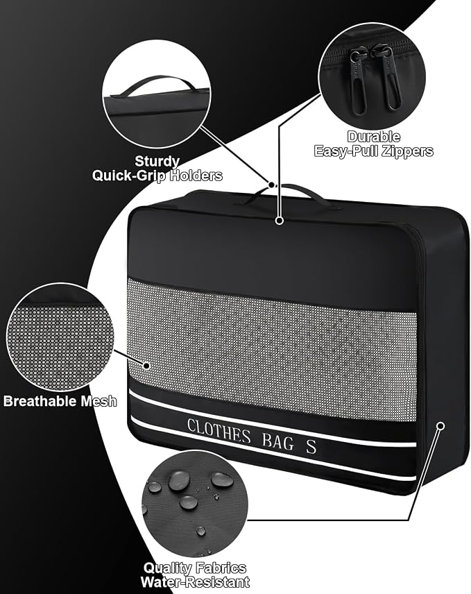 9 Set Packing Cubes Luggage Packing Organizers for Travel Accessories Space Saving Travel Bags for Carry On, Lightweight Mesh Zipper, Clothes, Shoes, Laundry and Shoe Bag, Suitcases (BLACK) - Image 5
