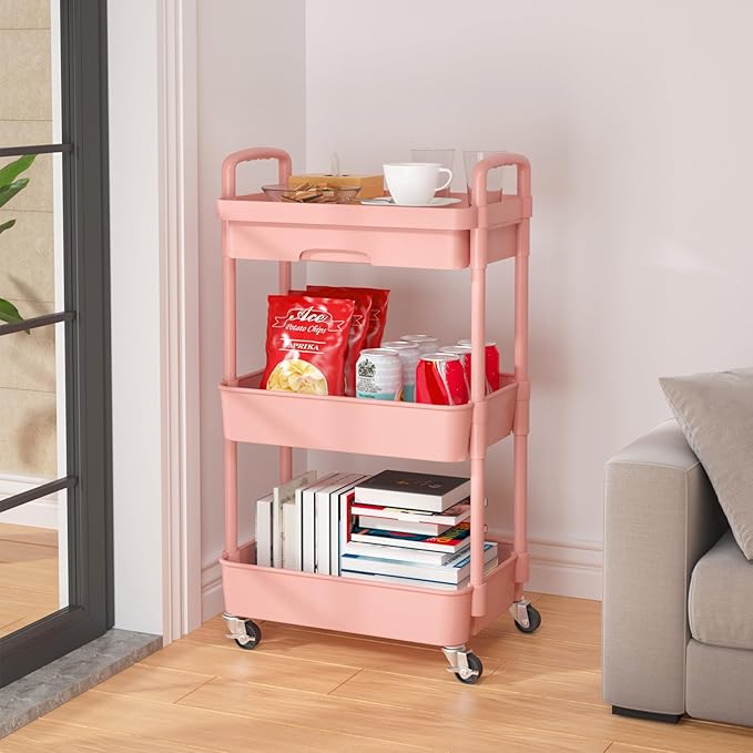 Calmootey 3-Tier Utility Cart with Drawer & Wheels, Storage for Home,Office | Space-Saving Organizer, Sturdy Plastic Shelves, Smooth-Rolling Metal Wheels, Built-in Drawer for Small Items, Pink - Image 4