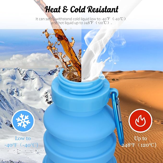 Nefeeko Collapsible Water Bottle, Reuseable BPA Free Silicone Water Bottles | Foldable Water Bottles for Travel Gym Camping Hiking, Portable Leak Proof Sports Water Bottle with Carabiner - Image 6