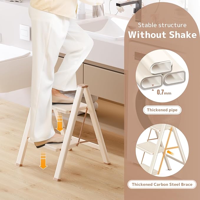 2 Step Ladder, Foldable Step Stool with Wide Anti-Slip Pedal | Portable, Sturdy Carbon Steel, 330LBS Capacity, Easy Storage, Space Saving, for Kitchen, Closet, Cream Chocolate - Image 4