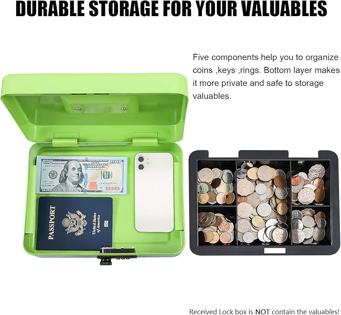 KYODOLED Large Cash Box with Combination Lock,Safe Metal Box for Money, Storage Lock Box with Money Tray,9.84"x 7"x 3.54" Limegreen Large - Image 4